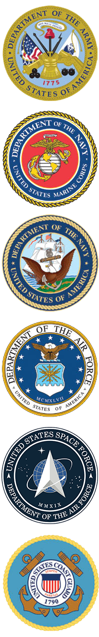 Logotipos de servicios militares, incluido el ejército, la marina, la guardia nacional, la fuerza aérea, los marines y la fuerza espacial